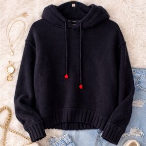 Brazeau Tricot Navy Hooded Knit Sweater with Red Drawstring Tips